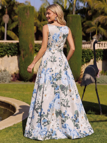 Champagne A Line Maxi Satin Floral Dresses
