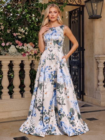 Champagne A Line Maxi Satin Floral Dresses