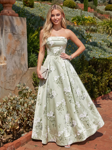 Sage A Line Maxi Satin Floral Dresses