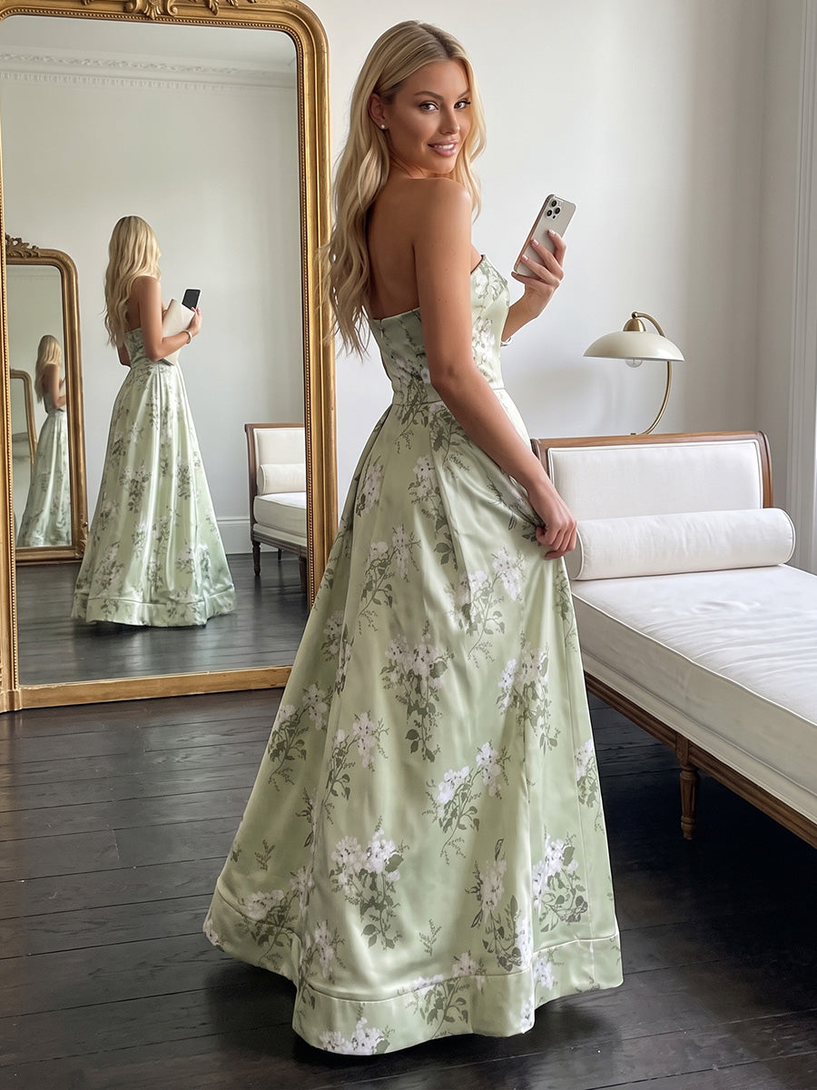 Sage A Line Maxi Satin Floral Dresses