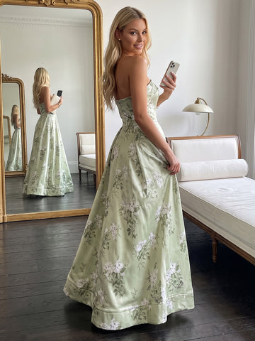 Sage A Line Maxi Satin Floral Dresses