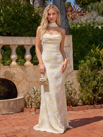 Yellow Mermaid Maxi Corset Jacquard Dresses