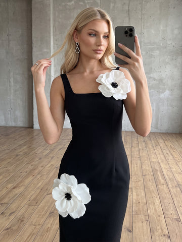 Black Column Maxi 3D Floral Satin Dresses