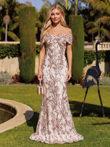 Blush Mermaid Maxi Sequin Tulle Floral Dresses