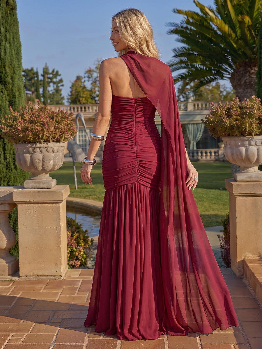 Burgundy Mermaid Maxi Chiffon Dresses