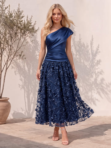 Navy Blue One Shoulder 3D Floral Tulle Wedding Guest Dresses