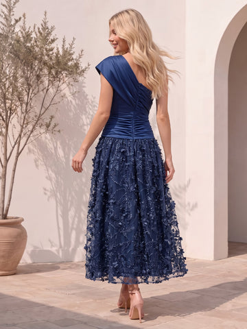 Navy Blue One Shoulder 3D Floral Tulle Wedding Guest Dresses