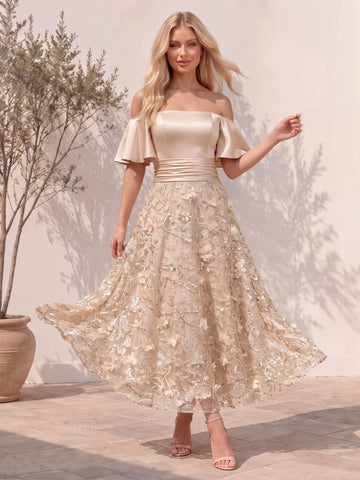 Champagne Cold Shoulder 3D Floral Tulle Wedding Guest Dresses