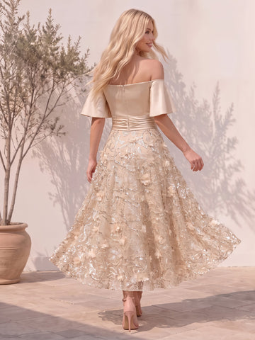 Champagne Cold Shoulder 3D Floral Tulle Wedding Guest Dresses