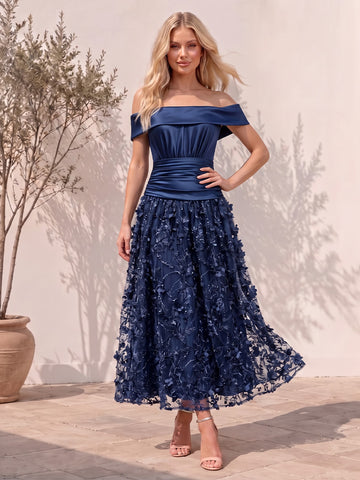 Navy Blue Off Shoulder 3D Floral Tulle Corset Wedding Guest Dresses