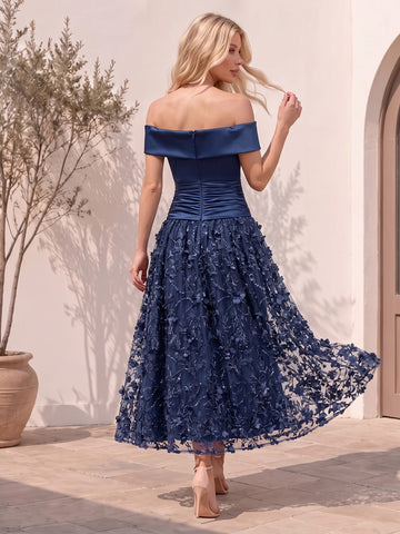 Navy Blue Off Shoulder 3D Floral Tulle Corset Wedding Guest Dresses