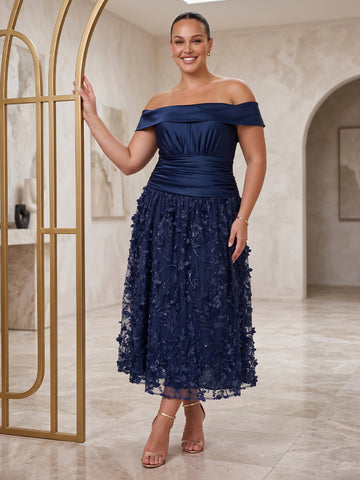 Navy Blue Off Shoulder 3D Floral Tulle Corset Wedding Guest Dresses Plus Size