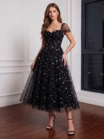 Black Sweetheart Star Glitter Tulle  Wedding Guest Dresses