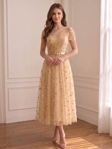 Champagne One Shoulder Star Glitter Tulle Wedding Guest Dresses