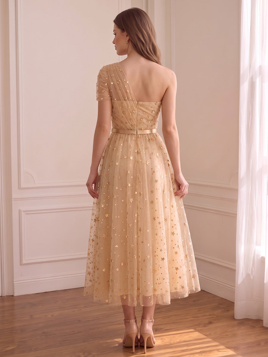 Champagne One Shoulder Star Glitter Tulle Wedding Guest Dresses