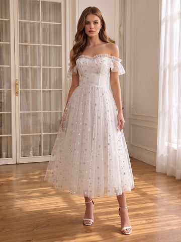 White Off Shoulder Star Glitter Tulle Corset Wedding Guest Dresses