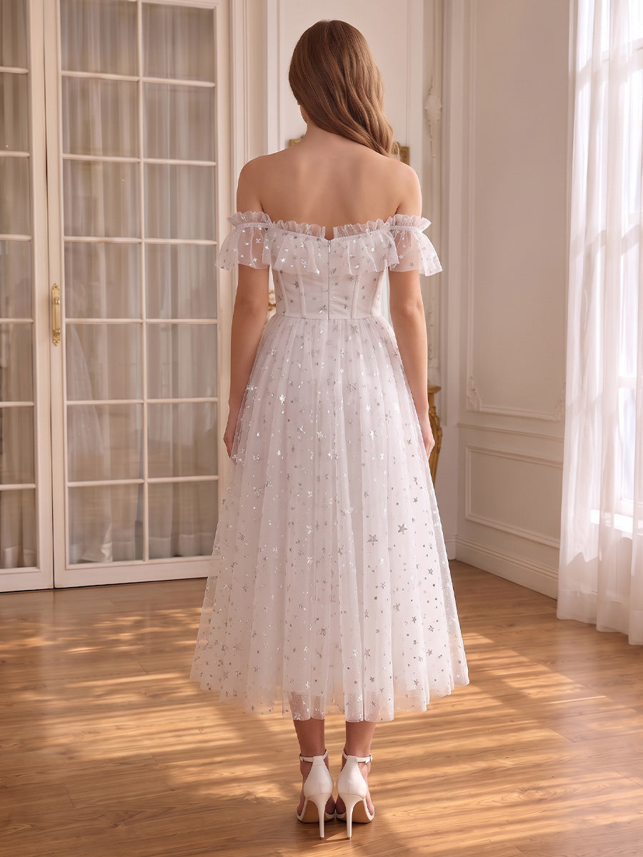 White Off Shoulder Star Glitter Tulle Corset Wedding Guest Dresses