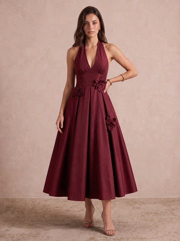 Burgundy A Line Midi Satin Wedding Guest Dresses Halter V Neck Cocktail Dresses