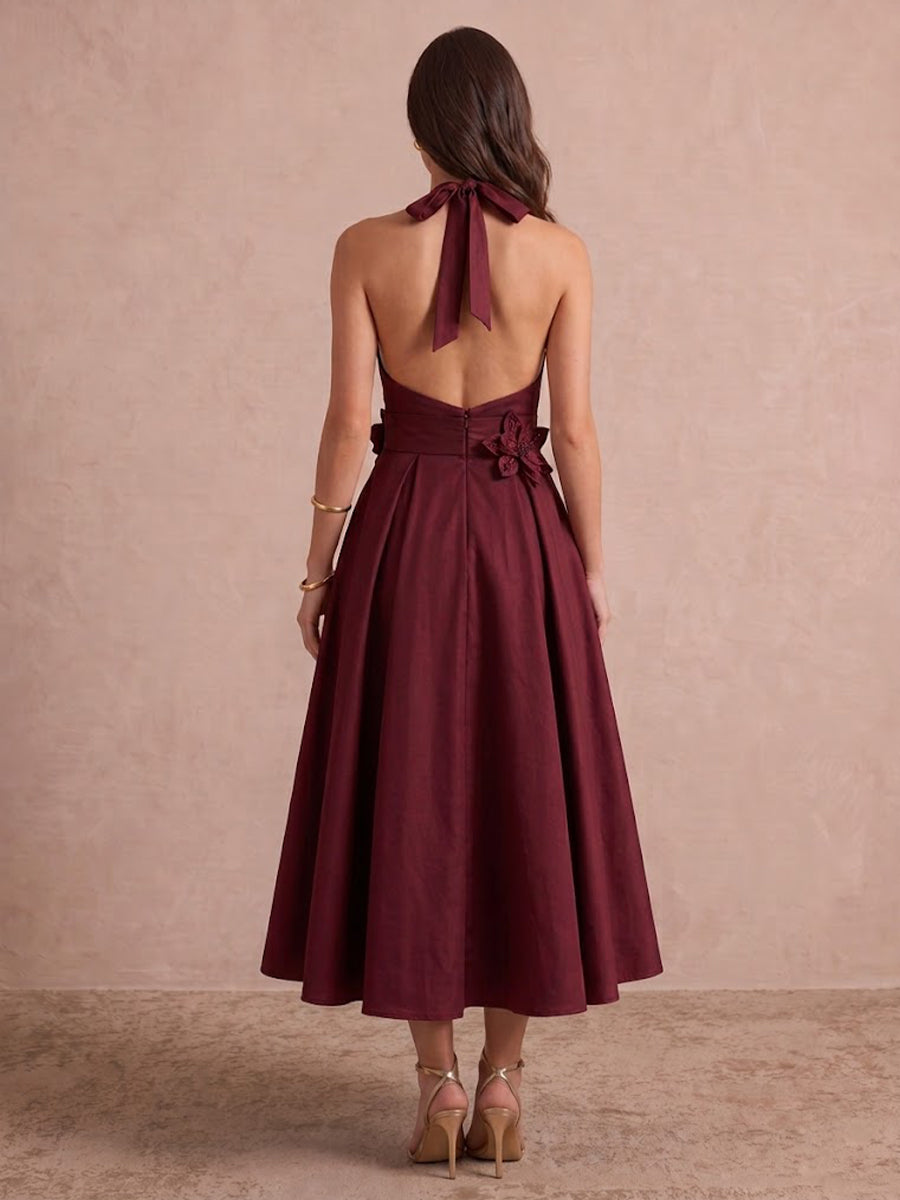 Burgundy A Line Midi Satin Wedding Guest Dresses Halter V Neck Cocktail Dresses