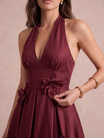 Burgundy A Line Midi Satin Wedding Guest Dresses Halter V Neck Cocktail Dresses