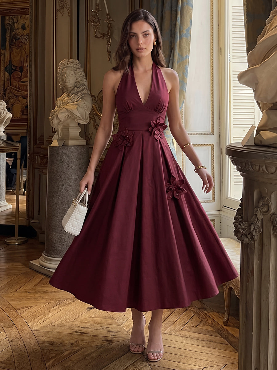 Burgundy A Line Midi Satin Wedding Guest Dresses Halter V Neck Cocktail Dresses