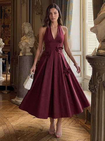 Burgundy A Line Midi Satin Wedding Guest Dresses Halter V Neck Cocktail Dresses