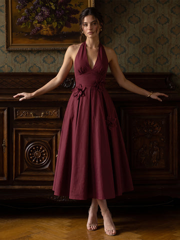 Burgundy A Line Midi Satin Wedding Guest Dresses Halter V Neck Cocktail Dresses