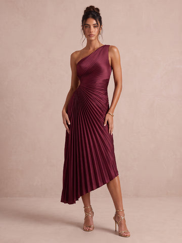Burgundy A Line Midi Satin Wedding Guest Dresses Pleated One Shoulder Cocktail Dresses