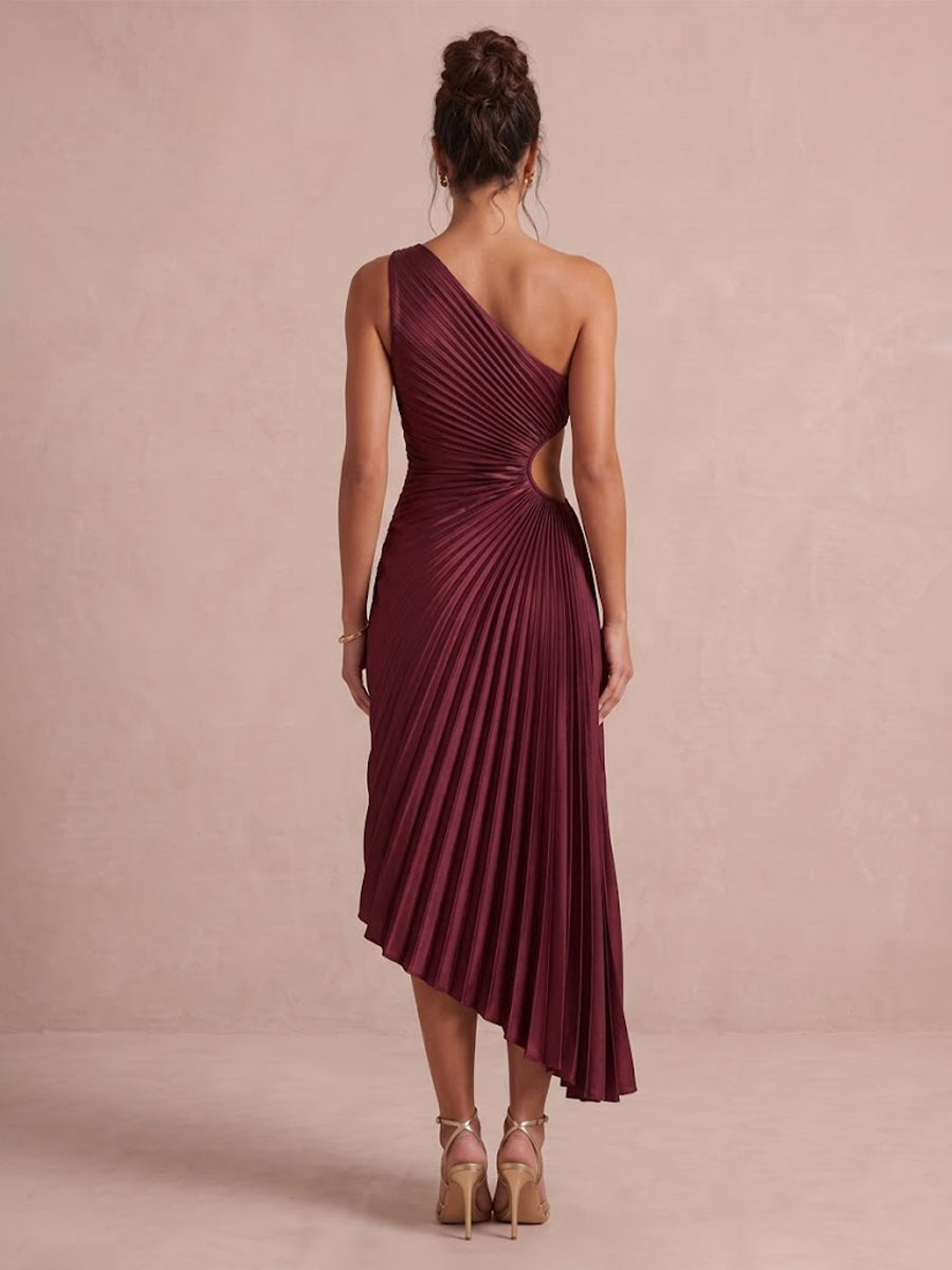 Burgundy A Line Midi Satin Wedding Guest Dresses Pleated One Shoulder Cocktail Dresses