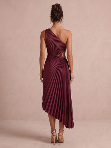 Burgundy A Line Midi Satin Wedding Guest Dresses Pleated One Shoulder Cocktail Dresses