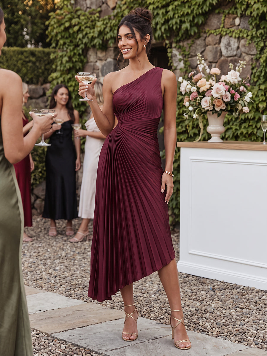 Burgundy A Line Midi Satin Wedding Guest Dresses Pleated One Shoulder Cocktail Dresses