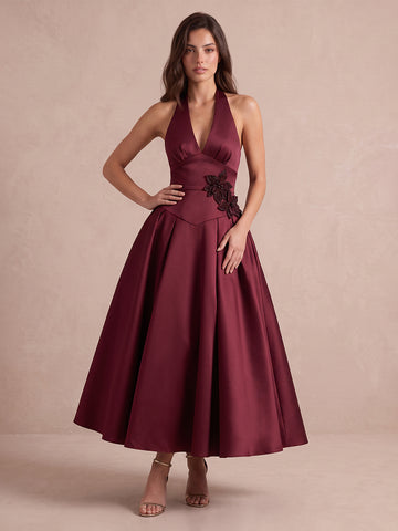 Burgundy A Line Midi Crepe Wedding Guest Dresses Halter V Neck Cocktail Gowns