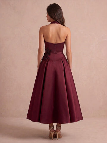 Burgundy A Line Midi Crepe Wedding Guest Dresses Halter V Neck Cocktail Gowns