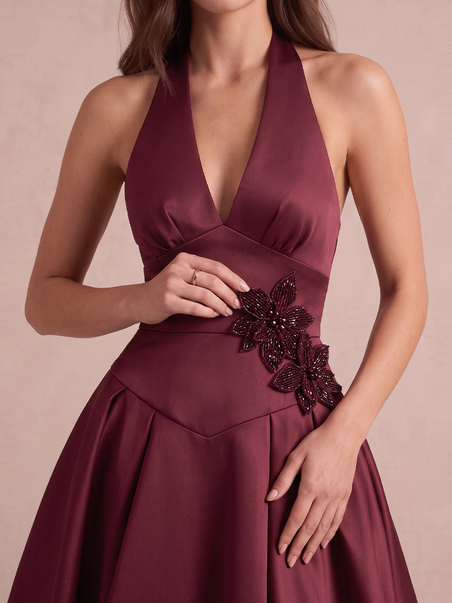 Burgundy A Line Midi Crepe Wedding Guest Dresses Halter V Neck Cocktail Gowns