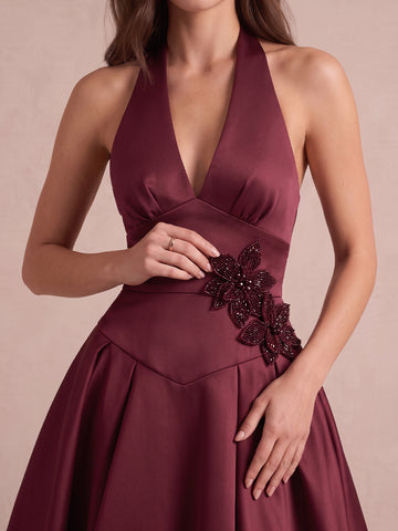 Burgundy A Line Midi Crepe Wedding Guest Dresses Halter V Neck Cocktail Gowns