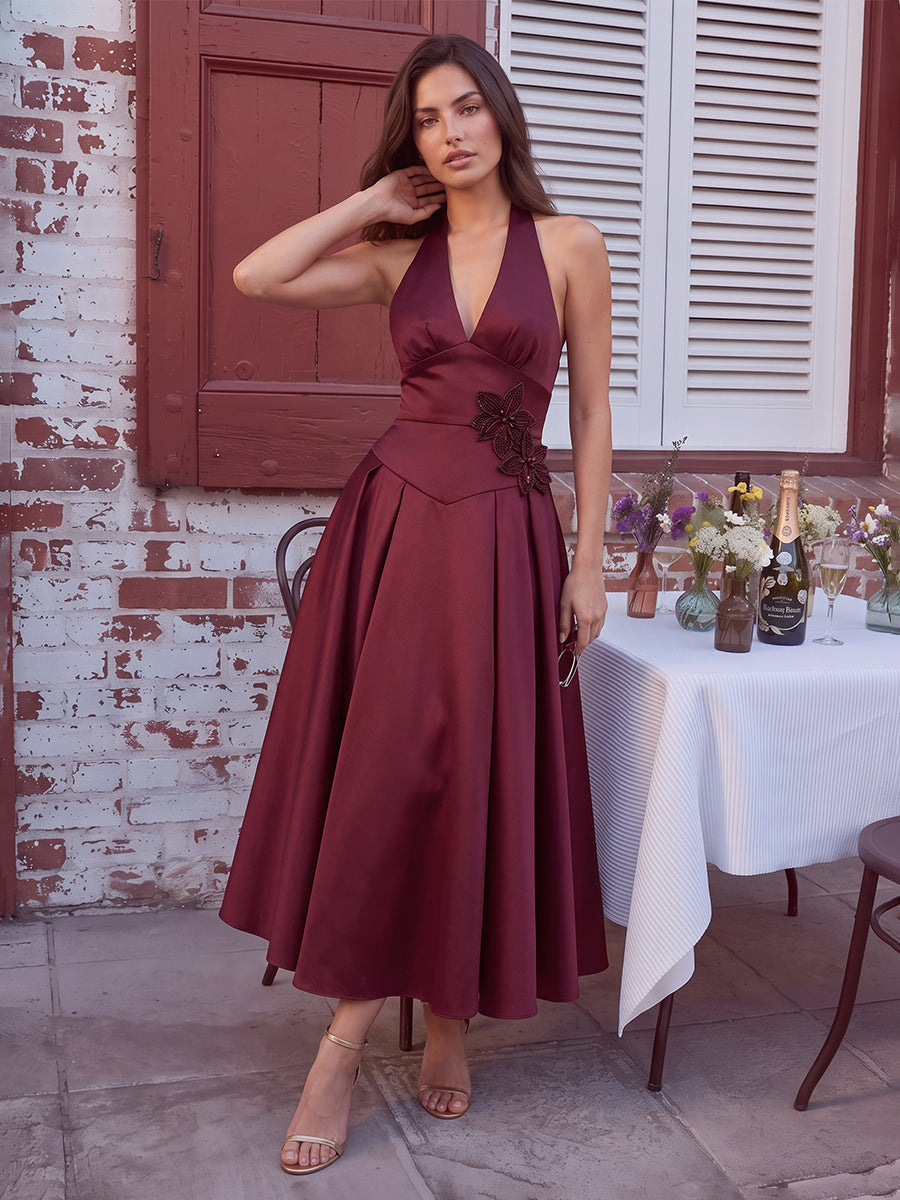 Burgundy A Line Midi Crepe Wedding Guest Dresses Halter V Neck Cocktail Gowns