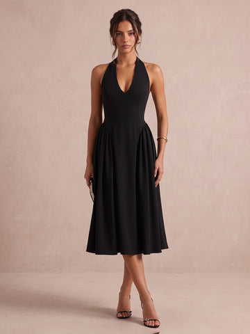 Black A Line Midi Crepe Wedding Guest Dresses Halter V Neck Cocktail Dresses