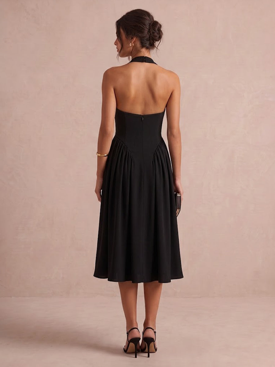 Black A Line Midi Crepe Wedding Guest Dresses Halter V Neck Cocktail Dresses