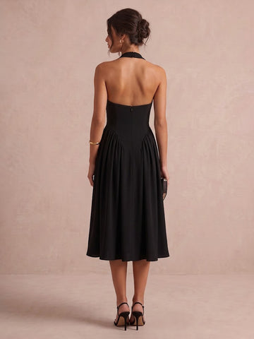 Black A Line Midi Crepe Wedding Guest Dresses Halter V Neck Cocktail Dresses