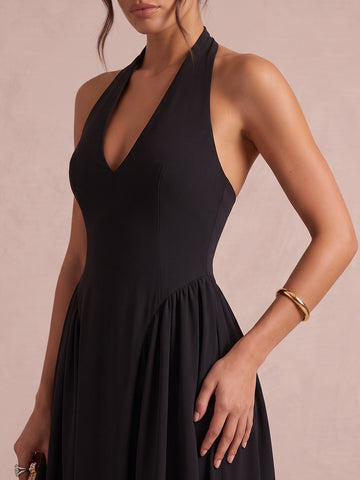 Black A Line Midi Crepe Wedding Guest Dresses Halter V Neck Cocktail Dresses