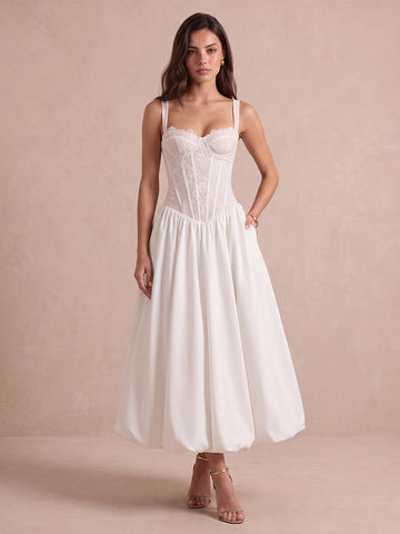 White A Line Corset Tea Length Lace Wedding Guest Dresses Spaghetti Strap Cocktail Dresses