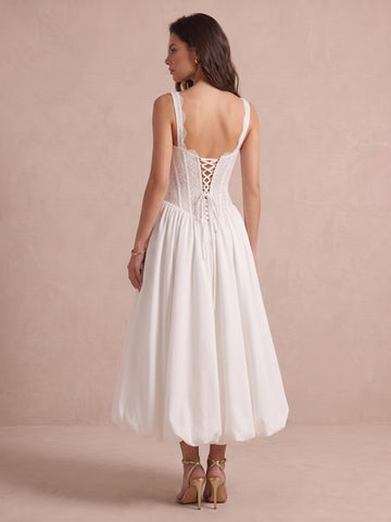 White A Line Corset Tea Length Lace Wedding Guest Dresses Spaghetti Strap Cocktail Dresses