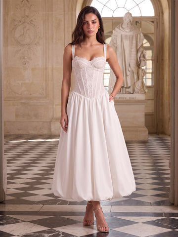White A Line Corset Tea Length Lace Wedding Guest Dresses Spaghetti Strap Cocktail Dresses