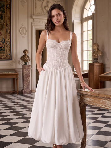 White A Line Corset Tea Length Lace Wedding Guest Dresses Spaghetti Strap Cocktail Dresses