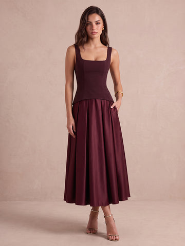 Burgundy A Line Midi Satin Wedding Guest Dresses Square Neck Cocktail Dresses