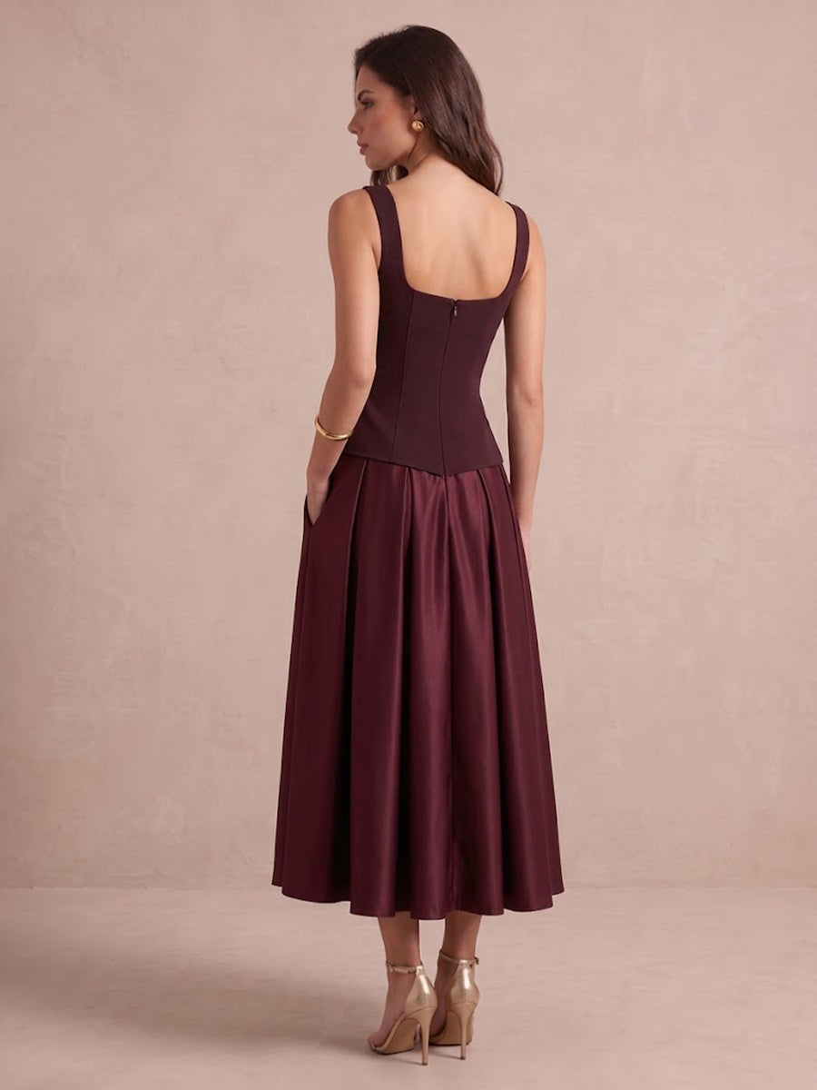 Burgundy A Line Midi Satin Wedding Guest Dresses Square Neck Cocktail Dresses