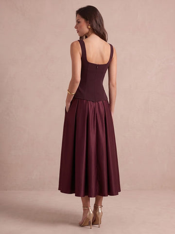 Burgundy A Line Midi Satin Wedding Guest Dresses Square Neck Cocktail Dresses