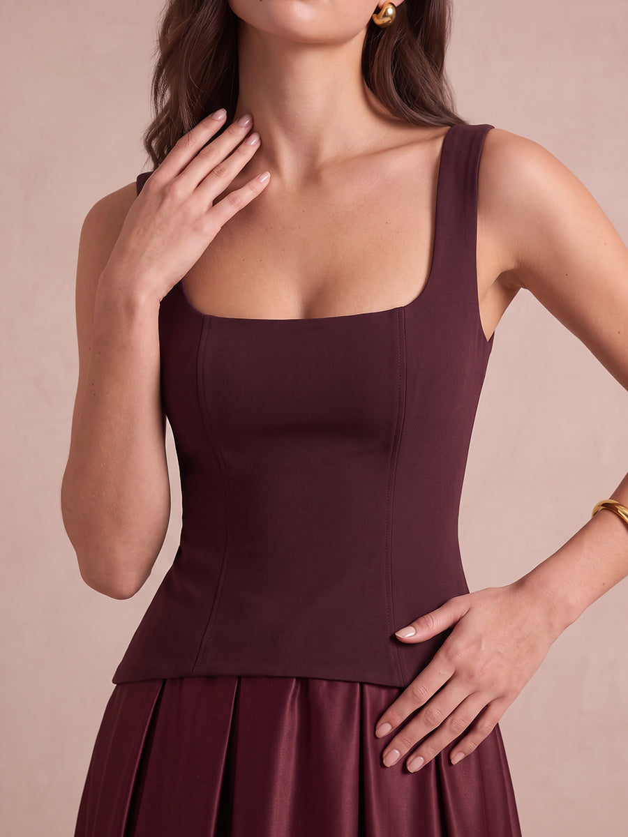 Burgundy A Line Midi Satin Wedding Guest Dresses Square Neck Cocktail Dresses