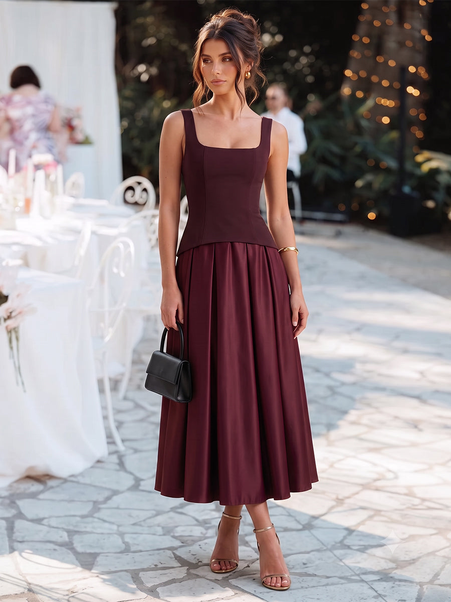 Burgundy A Line Midi Satin Wedding Guest Dresses Square Neck Cocktail Dresses