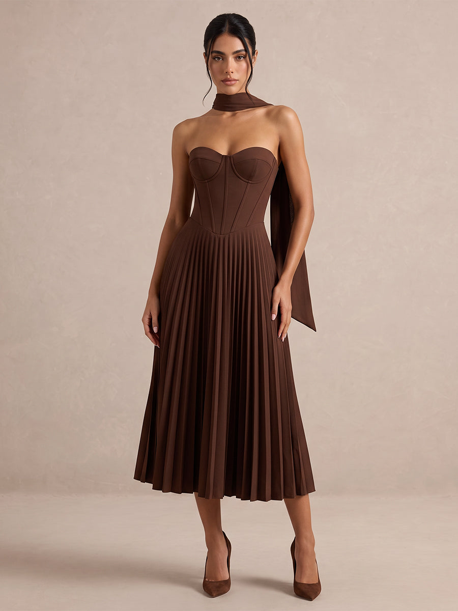 Chocolate Brown A Line Corset Midi Pleated Crepe Wedding Guest Dresses Strapless Sweetheart Formal Dresses